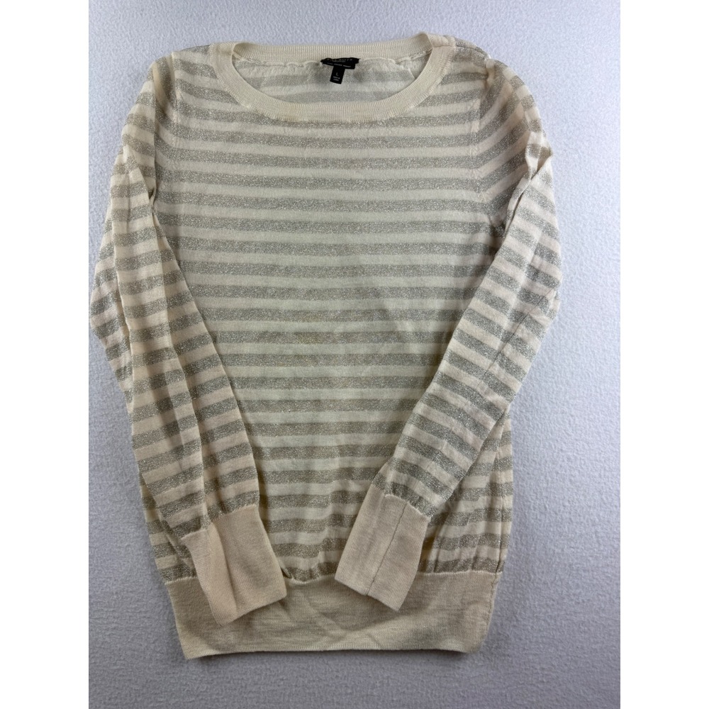 Talbots Womens Large Merino Wool Blend Metallic Striped Sweater Cream Silver L
